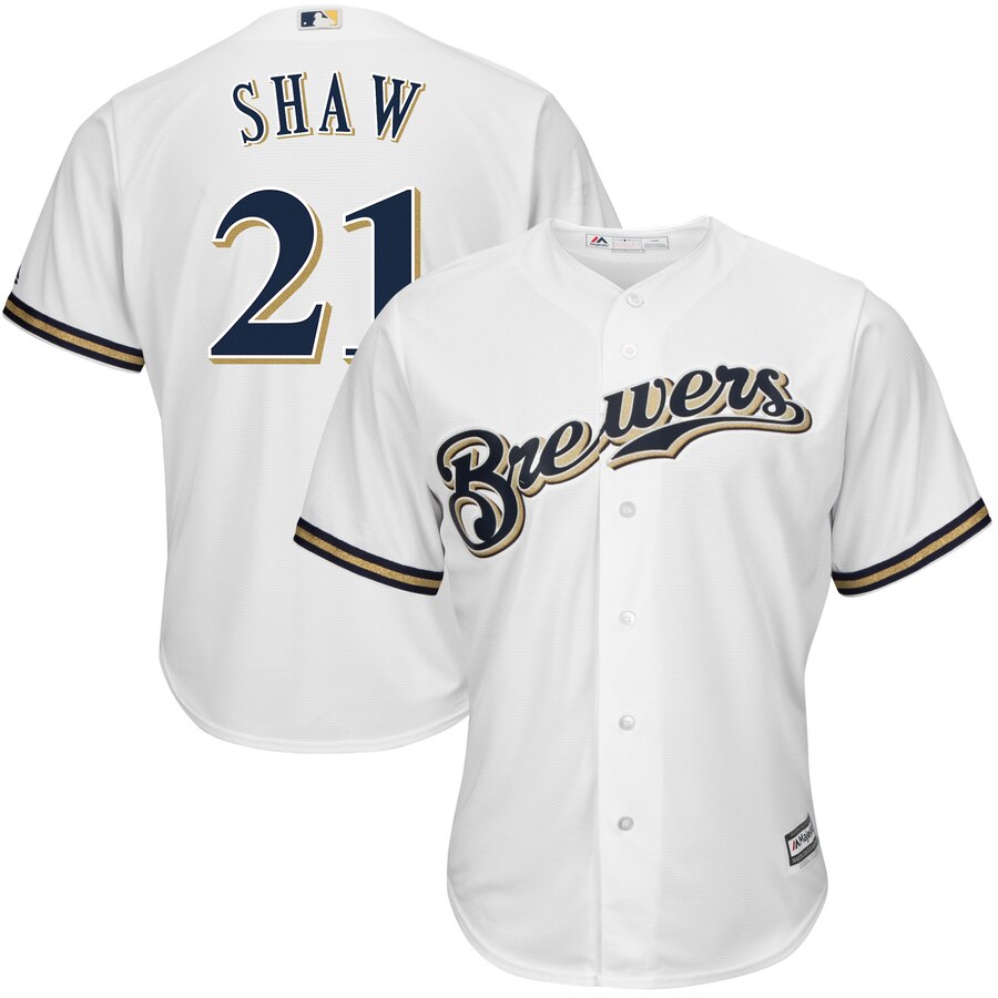 Travis Shaw Milwaukee Brewers Majestic Home Official Cool Base Replica Player Jersey White