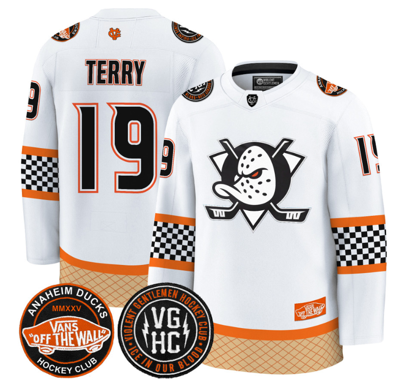 Troy Terry Jersey #19 Anaheim Ducks Checkerboard 2025 Premium Stitched White