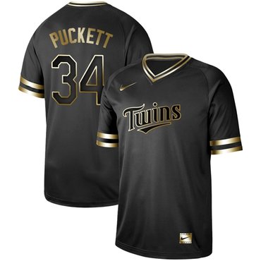 Twins 34 Kirby Puckett Black Gold Authentic Stitched Baseball Jersey