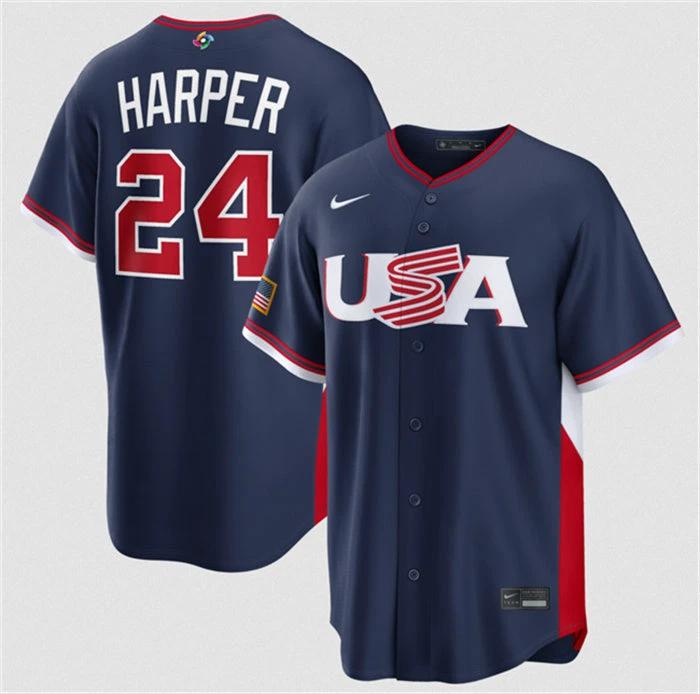 USA Baseball #24 Bryce Harper Jersey Navy 2026 World Baseball Classic Road Stadi