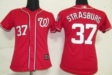 Washington Nationals 37 Strasburg Red Womens Jersey