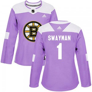 Womens Boston Bruins 1 Jeremy Swayman Adidas Authentic Fights Cancer Practice Jersey Purple
