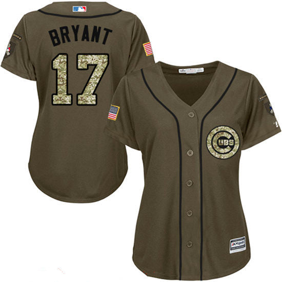 Womens Chicago Cubs 17 Kris Bryant Green Salute To Service Stitched Mlb Majestic Cool Base Jersey