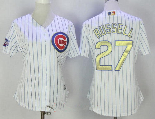Womens Chicago Cubs 27 Addison Russell White World Series Champions Gold Stitched Mlb Majestic 2017 Cool Base Jersey