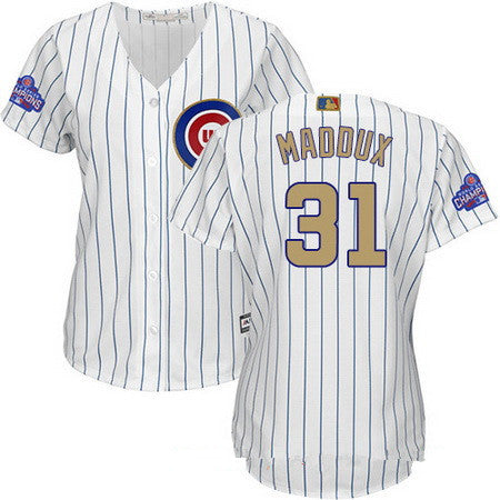 Womens Chicago Cubs 31 Greg Maddux White World Series Champions Gold Stitched Mlb Majestic 2017 Cool Base Jersey
