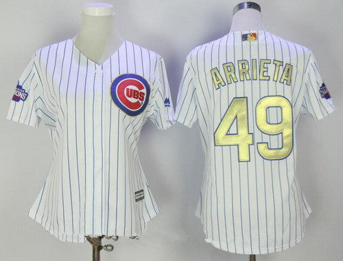 Womens Chicago Cubs 49 Jake Arrieta White World Series Champions Gold Stitched Mlb Majestic 2017 Cool Base Jersey