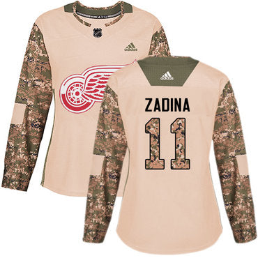 Womens Detroit Red Wings 11 Filip Zadina Authentic Adidas Camo Veterans Day Practice Jersey