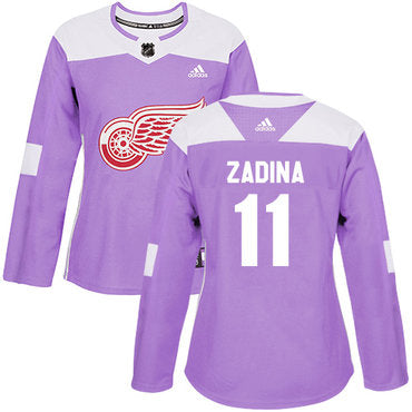 Womens Detroit Red Wings 11 Filip Zadina Authentic Adidas Purple Fights Cancer Practice Jersey
