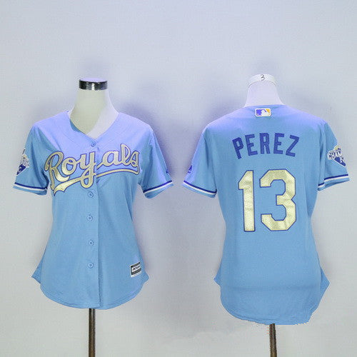 Womens Kansas City Royals 13 Salvador Perez Light Blue 2015 World Series Champions Gold Program Cool Base Jersey