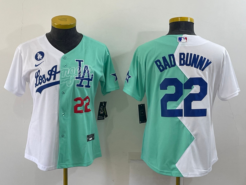 Womens Los Angeles Dodgers 22 Bad Bunny White Green Two Tone 2022 Celebrity Softball Game Cool Base Jerseys