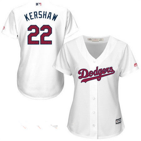 Womens Los Angeles Dodgers 22 Clayton Kershaw White Stars Stripes Fashion Independence Day Stitched Mlb Majestic Cool Base Jersey