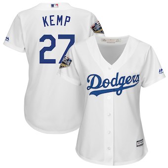 Womens Los Angeles Dodgers 27 Matt Kemp Majestic White 2018 World Series Jersey