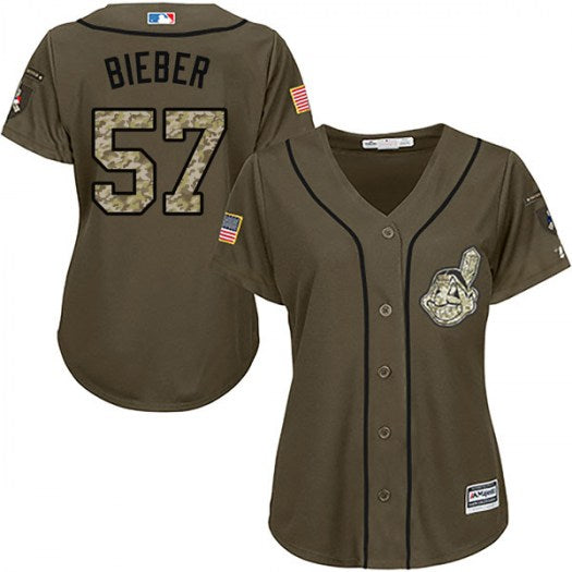 Womens Majestic 57 Shane Bieber Cleveland Indians Replica Green Salute To Service Jerse