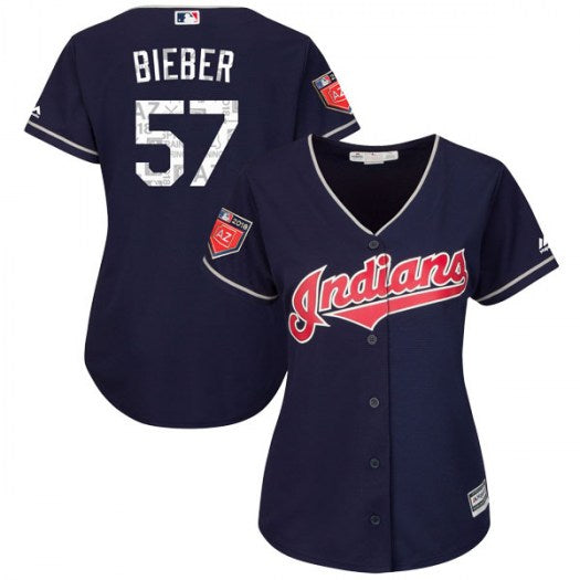 Womens Majestic 57 Shane Bieber Cleveland Indians Replica Navy Cool Base 2018 Spring Training Jersey