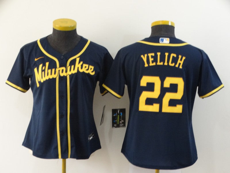 Womens Milwaukee Brewers 22 Christian Yelich Navy Blue Stitched Mlb Cool Base Nike Jersey