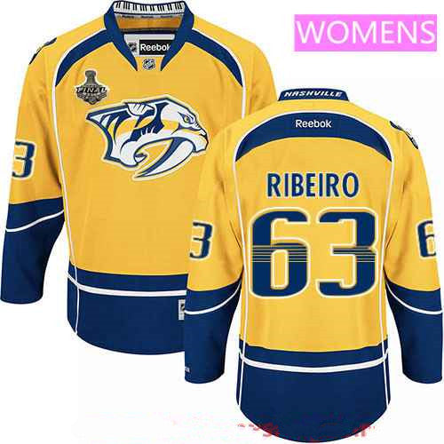 Womens Nashville Predators 63 Mike Ribeiro Yellow 2017 Stanley Cup Finals Patch Stitched Nhl Reebok Hockey Jersey