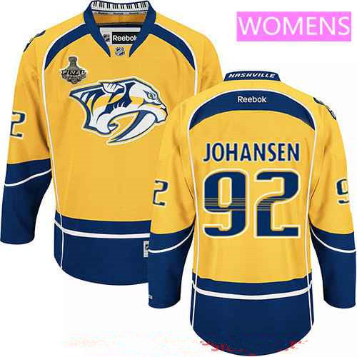 Womens Nashville Predators 92 Ryan Johansen Yellow 2017 Stanley Cup Finals Patch Stitched Nhl Reebok Hockey Jersey
