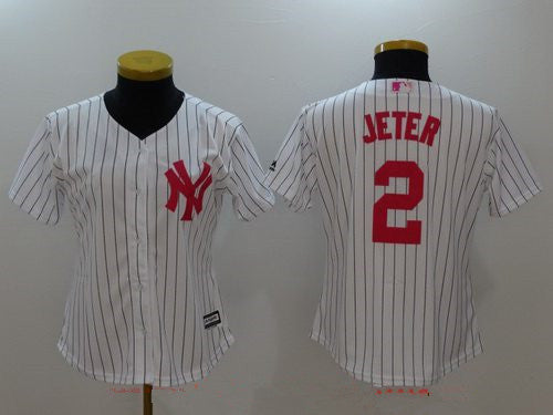 Womens New York Yankees 2 Derek Jeter White With Pink Mothers Day Stitched Mlb Majestic Cool Base Jersey