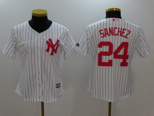 Womens New York Yankees 24 Gary Sanchez White With Pink Mothers Day Stitched Mlb Majestic Cool Base Jersey