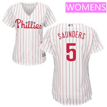 Womens Philadelphia Phillies 5 Michael Saunders White Home Stitched Mlb Majestic Cool Base Jersey