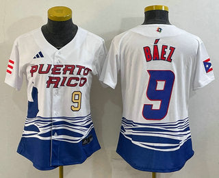 Womens Puerto Rico Baseball 9 Javier Baez Number White 2023 World Baseball Classic Stitched Jerseys