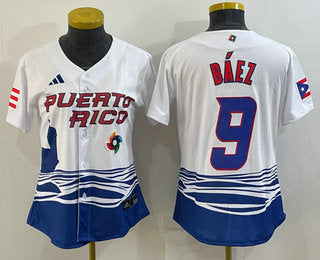 Womens Puerto Rico Baseball 9 Javier Baez White 2023 World Baseball Classic Stitched Jerseys