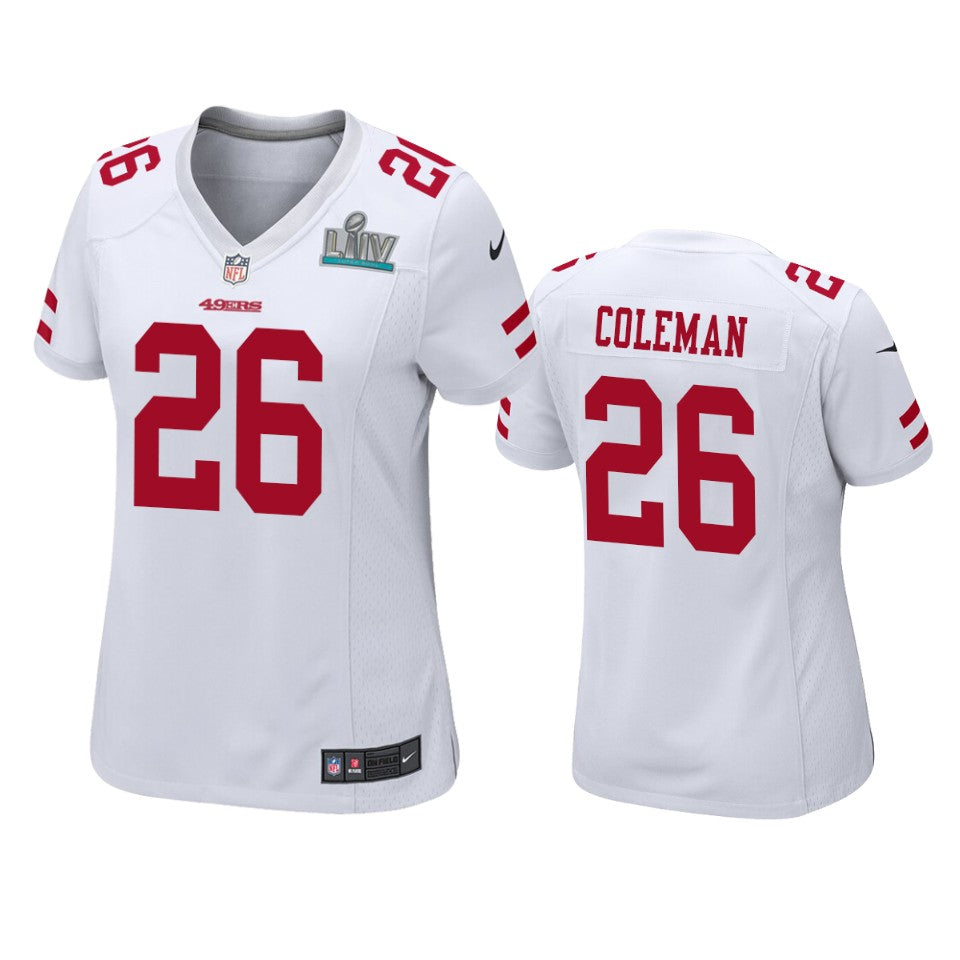 Womens San Francisco 49ers Tevin Coleman White Super Bowl Liv Game Jersey