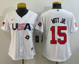 Womens Usa Baseball 15 Bobby Witt Jr 2023 White World Classic Replica Stitched Jersey