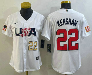 Womens Usa Baseball 22 Clayton Kershaw Number 2023 White World Classic Stitched Jersey
