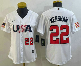 Womens Usa Baseball 22 Clayton Kershaw Number 2023 White World Classic Stitched Jerseys