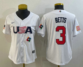 Womens Usa Baseball 3 Mookie Betts 2023 White World Classic Replica Stitched Jerseys
