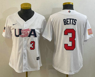 Womens Usa Baseball 3 Mookie Betts Number 2023 White World Classic Replica Stitched Jerseys