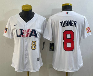 Womens Usa Baseball 8 Trea Turner Number 2023 White World Classic Stitched Jersey