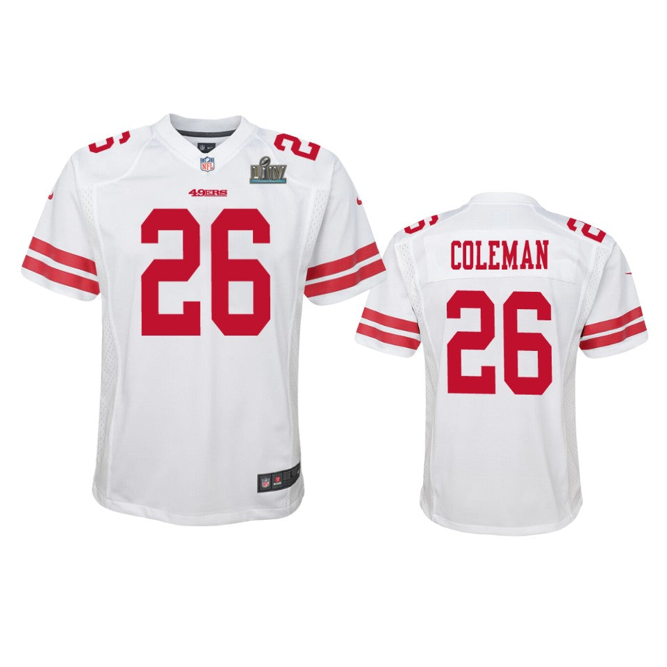 Youth 49ers Tevin Coleman White Super Bowl Liv Game Jersey