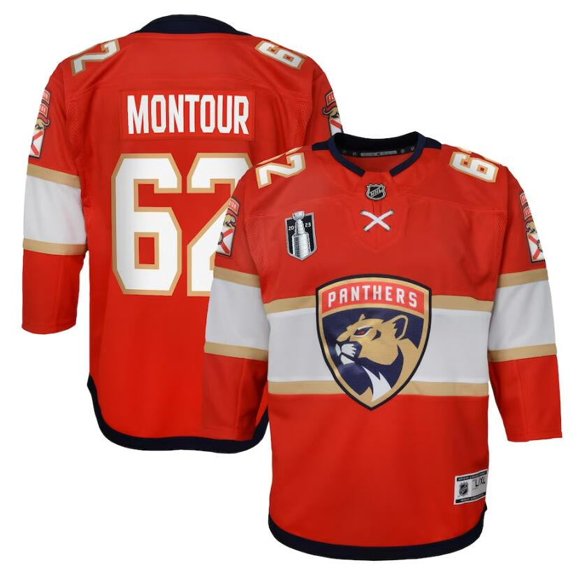 Youth Florida Panthers 62 Brandon Montour 2023 Stanley Cup Final Home Premier Player Jersey Red