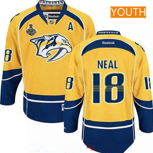 Youth Nashville Predators 18 James Neal Yellow 2017 Stanley Cup Finals A Patch Stitched Nhl Reebok Hockey Jersey