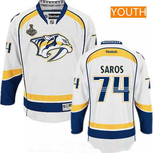 Youth Nashville Predators 74 Juuse Saros White 2017 Stanley Cup Finals Patch Stitched Nhl Reebok Hockey Jersey