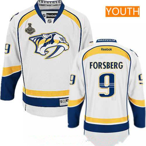 Youth Nashville Predators 9 Filip Forsberg White 2017 Stanley Cup Finals Patch Stitched Nhl Reebok Hockey Jersey