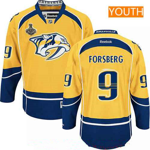 Youth Nashville Predators 9 Filip Forsberg Yellow 2017 Stanley Cup Finals Patch Stitched Nhl Reebok Hockey Jersey