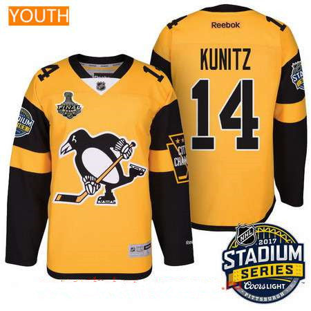 Youth Pittsburgh Penguins 14 Chris Kunitz Yellow Stadium Series 2017 Stanley Cup Finals Patch Stitched Nhl Reebok Hockey Jersey