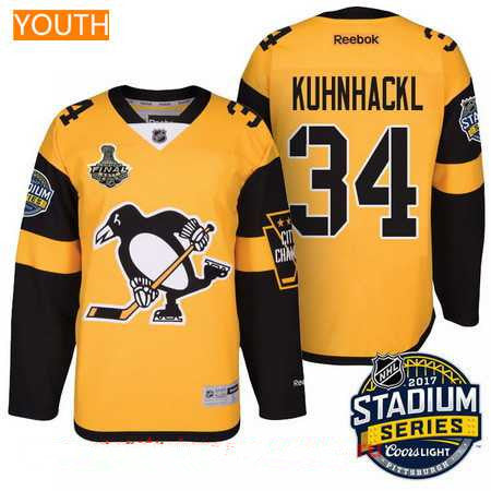 Youth Pittsburgh Penguins 34 Tom Kuhnhackl Yellow Stadium Series 2017 Stanley Cup Finals Patch Stitched Nhl Reebok Hockey Jersey