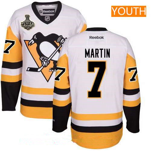 Youth Pittsburgh Penguins 7 Paul Martin White Third 2017 Stanley Cup Finals Patch Stitched Nhl Reebok Hockey Jersey