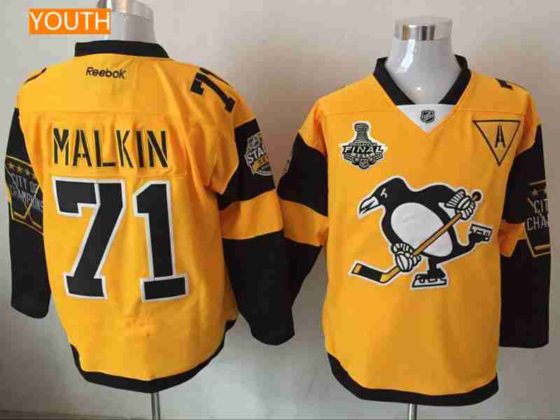 Youth Pittsburgh Penguins 71 Evgeni Malkin Yellow Stadium Series 2017 Stanley Cup Finals Patch Stitched Nhl Reebok Hockey Jersey