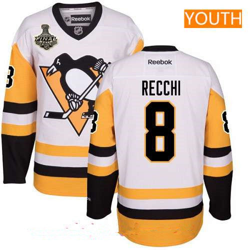 Youth Pittsburgh Penguins 8 Mark Recchi White Third 2017 Stanley Cup Finals Patch Stitched Nhl Reebok Hockey Jersey