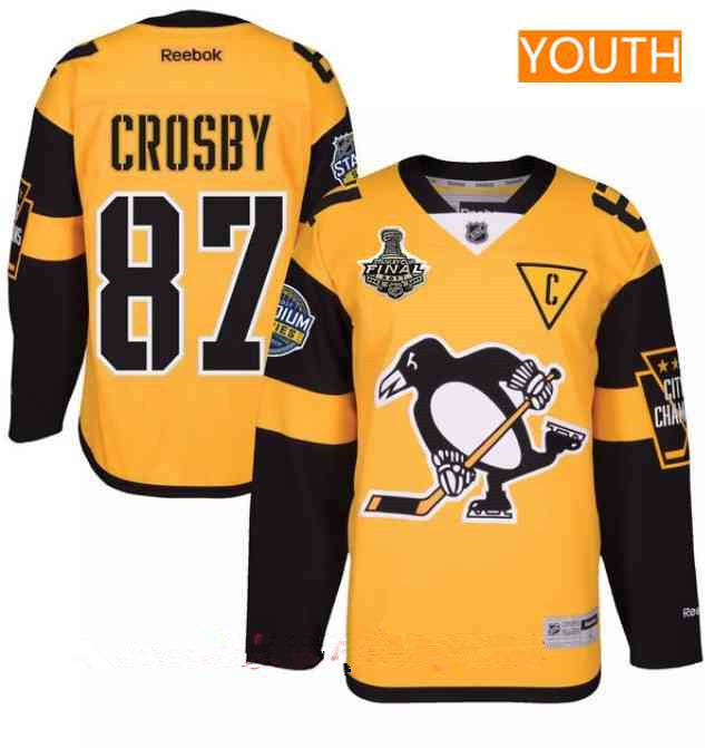 Youth Pittsburgh Penguins 87 Sidney Crosby Yellow Stadium Series 2017 Stanley Cup Finals Patch Stitched Nhl Reebok Hockey Jersey