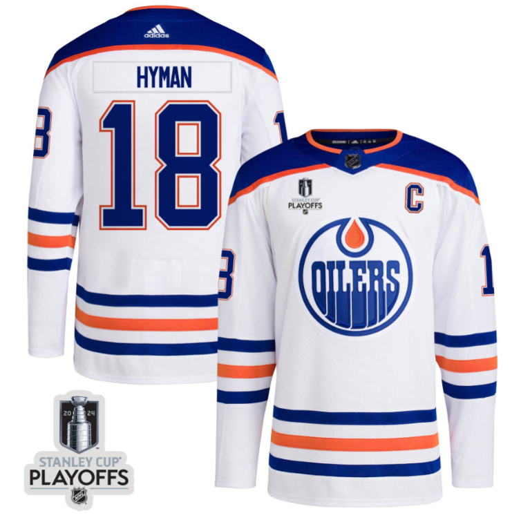 Zach Hyman 18 Edmonton Oilers 2024 NHL Playoffs Patch Away Jersey Men, White