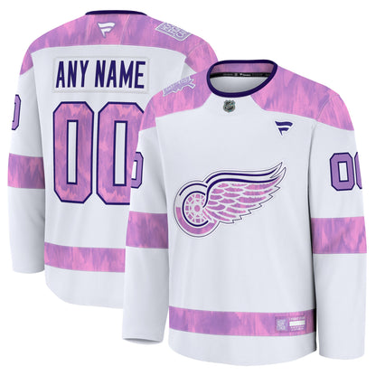 Men's Detroit Red Wings Fanatics White 2024 Hockey Fights Cancer Custom Practice Jersey