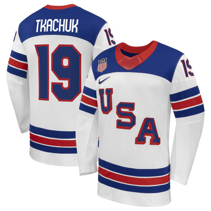 Men's Matthew Tkachuk Nike White US Hockey 2026 Away Replica Jersey