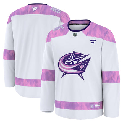 Men's Columbus Blue Jackets Fanatics White 2024 Hockey Fights Cancer Practice Jersey
