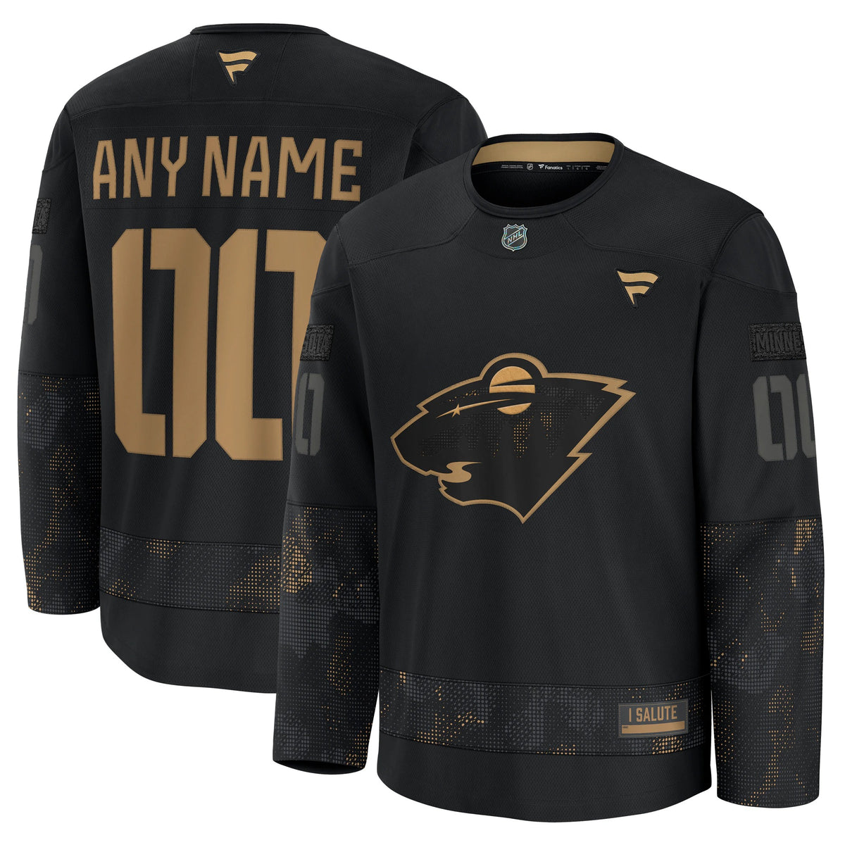 Men's Minnesota Wild Fanatics Black 2024 Military Appreciation Custom Practice Jersey